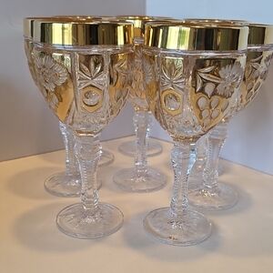 8 Anne Hutte Vorsicht Bleikristall Gold Cut To Clear Wine Glasses approx 7" Tall